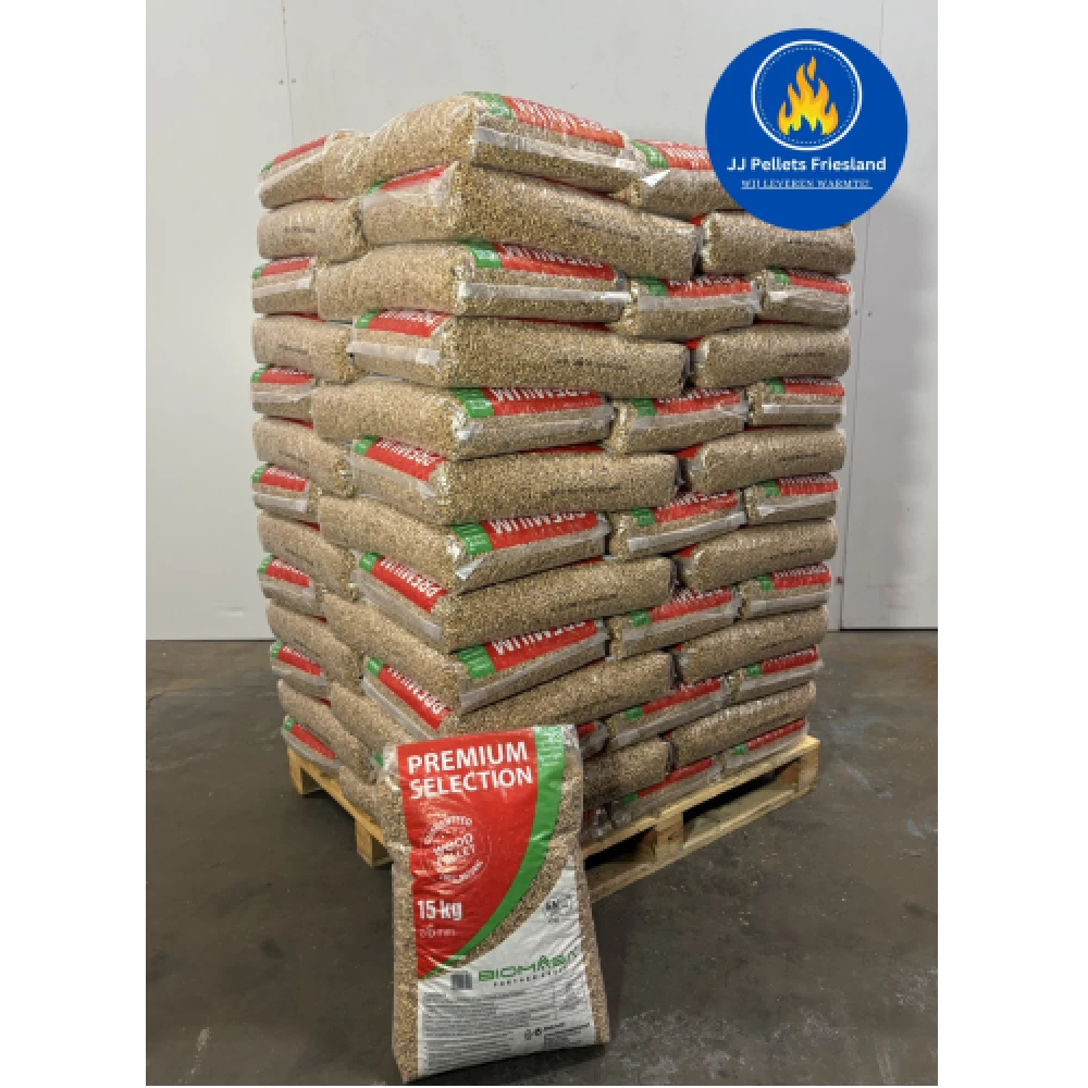 Biomasa Premium pellets ENplusA1 100% naaldhout (65 zakken)